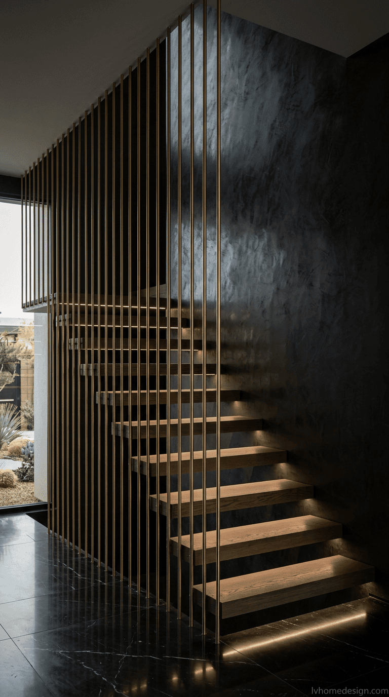 Luxury floating staircase with frameless glass railings, warm LED lighting, and modern architectural design in a custom luxury home.