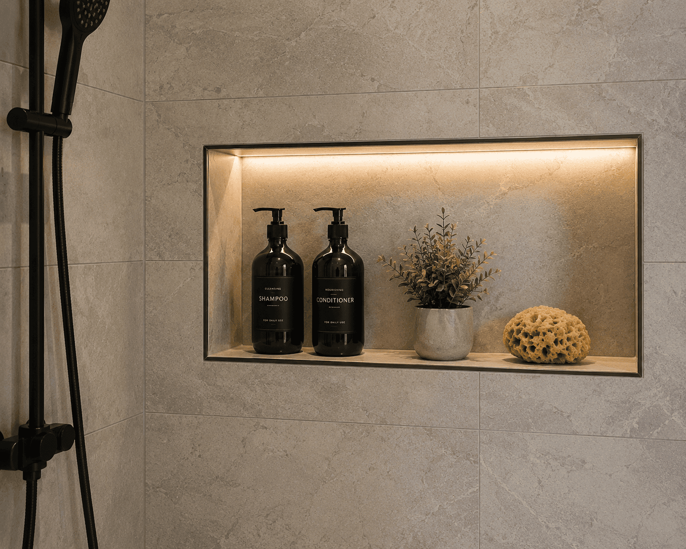Luxury recessed shower niche in a Las Vegas bathroom featuring LED lighting, custom tile, shampoo bottles, and modern black fixtures.