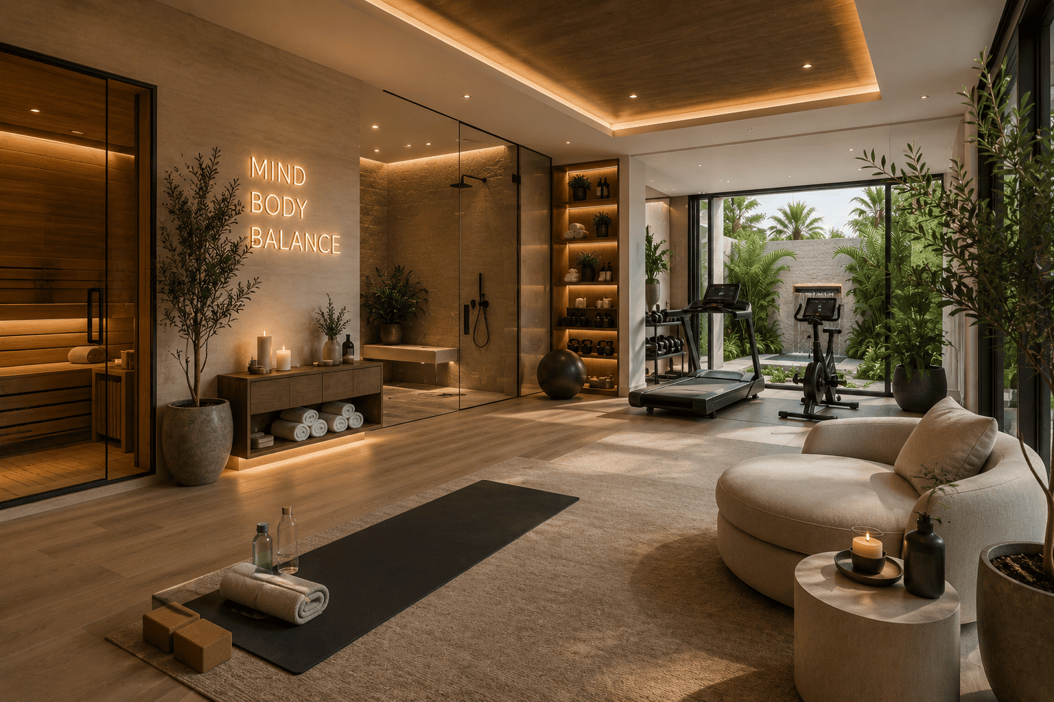 Luxury home wellness space with a sauna, home gym, yoga area, and spa-inspired interior design.