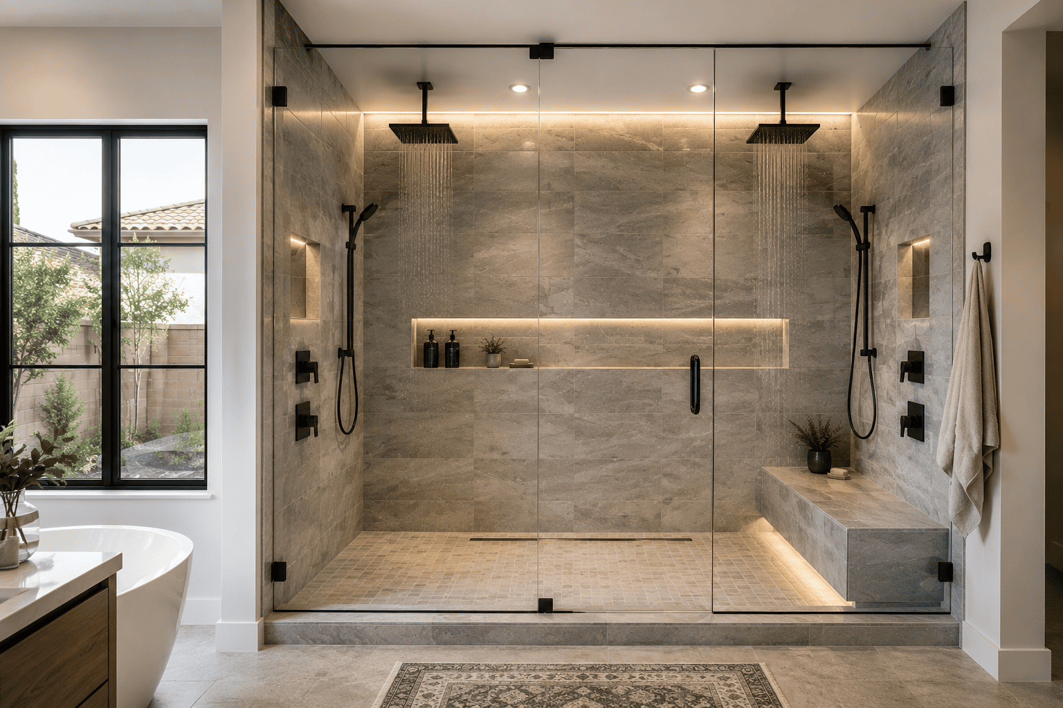 Luxury walk-in glass shower remodel in Las Vegas featuring frameless glass, dual rainfall showerheads, custom tile, built-in bench, and recessed shower niche.