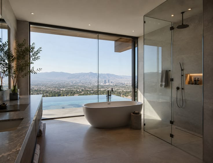 Luxury spa-inspired bathroom remodel with a freestanding soaking tub, frameless glass shower, marble tile, and modern vanity designed by Home Design Construction in Las Vegas.