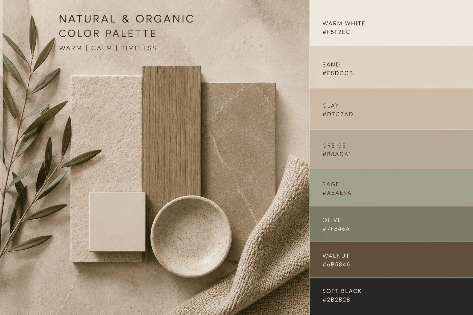 Natural organic bathroom color palette featuring warm white, sand, clay, greige, sage green, walnut wood, natural stone, and textured materials for a luxury bathroom remodel.