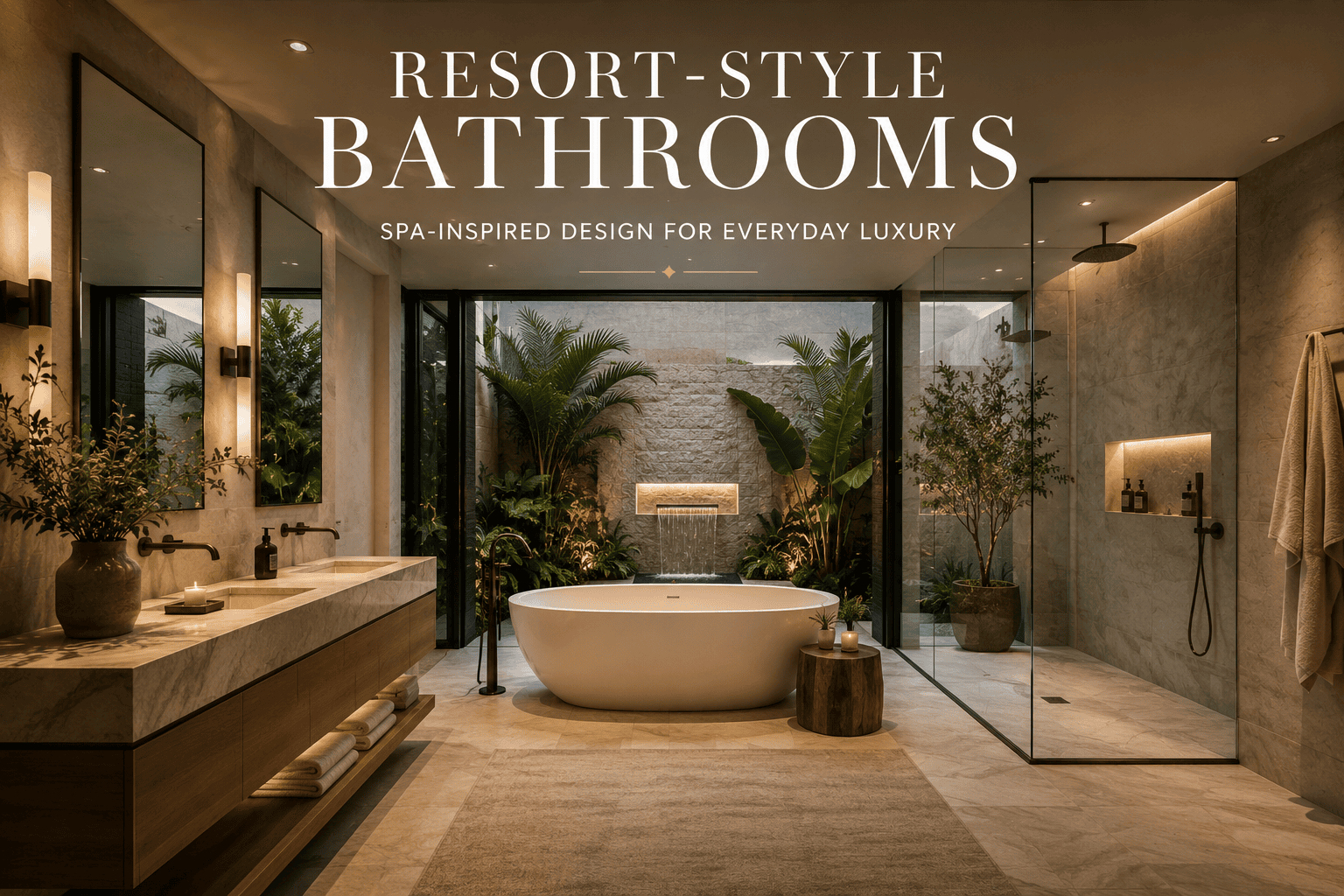 Luxury resort-style bathroom with a freestanding soaking tub, walk-in shower, natural stone, and spa-inspired design.