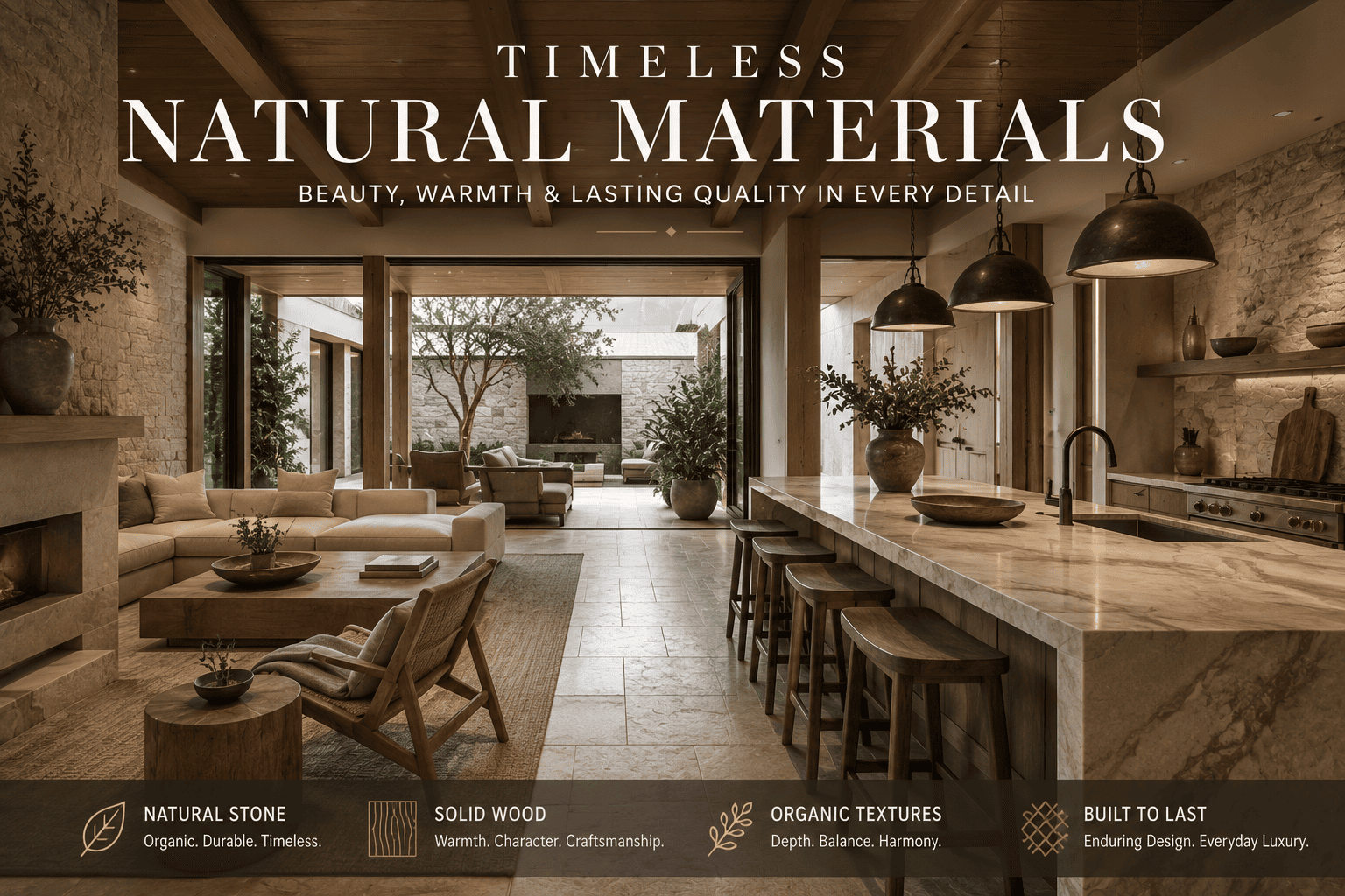 Luxury home interior featuring natural stone, white oak, marble countertops, and timeless organic materials.