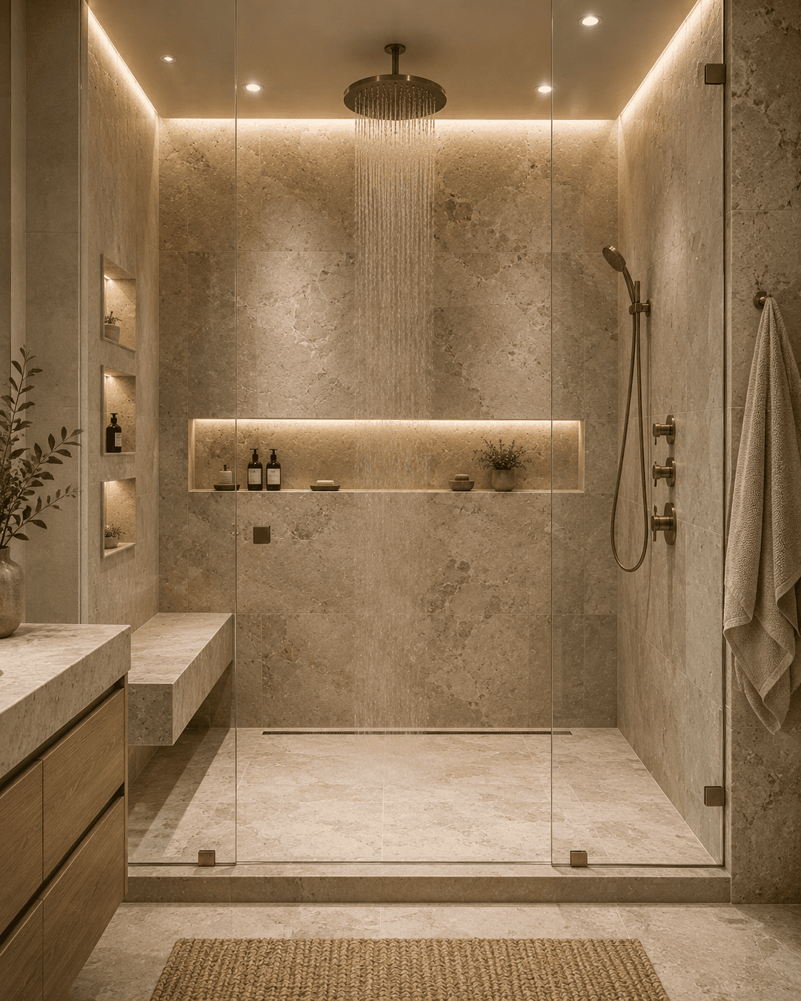 Luxury walk-in spa shower featuring timeless natural stone tile, frameless glass enclosure, rainfall showerhead, floating bench, LED shower niche, and brushed brass fixtures.