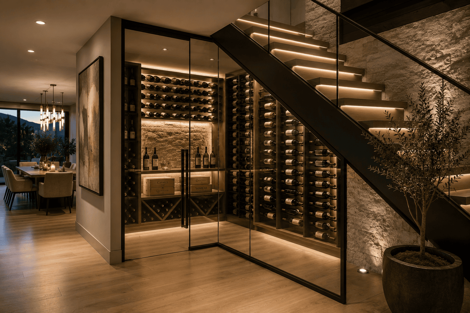 Luxury hidden glass wine cellar beneath a floating staircase with modern glass walls and custom wine storage.