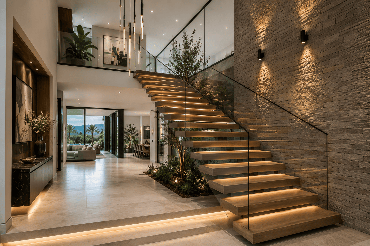 Modern floating staircase with glass railings and wood treads in a luxury home interior.