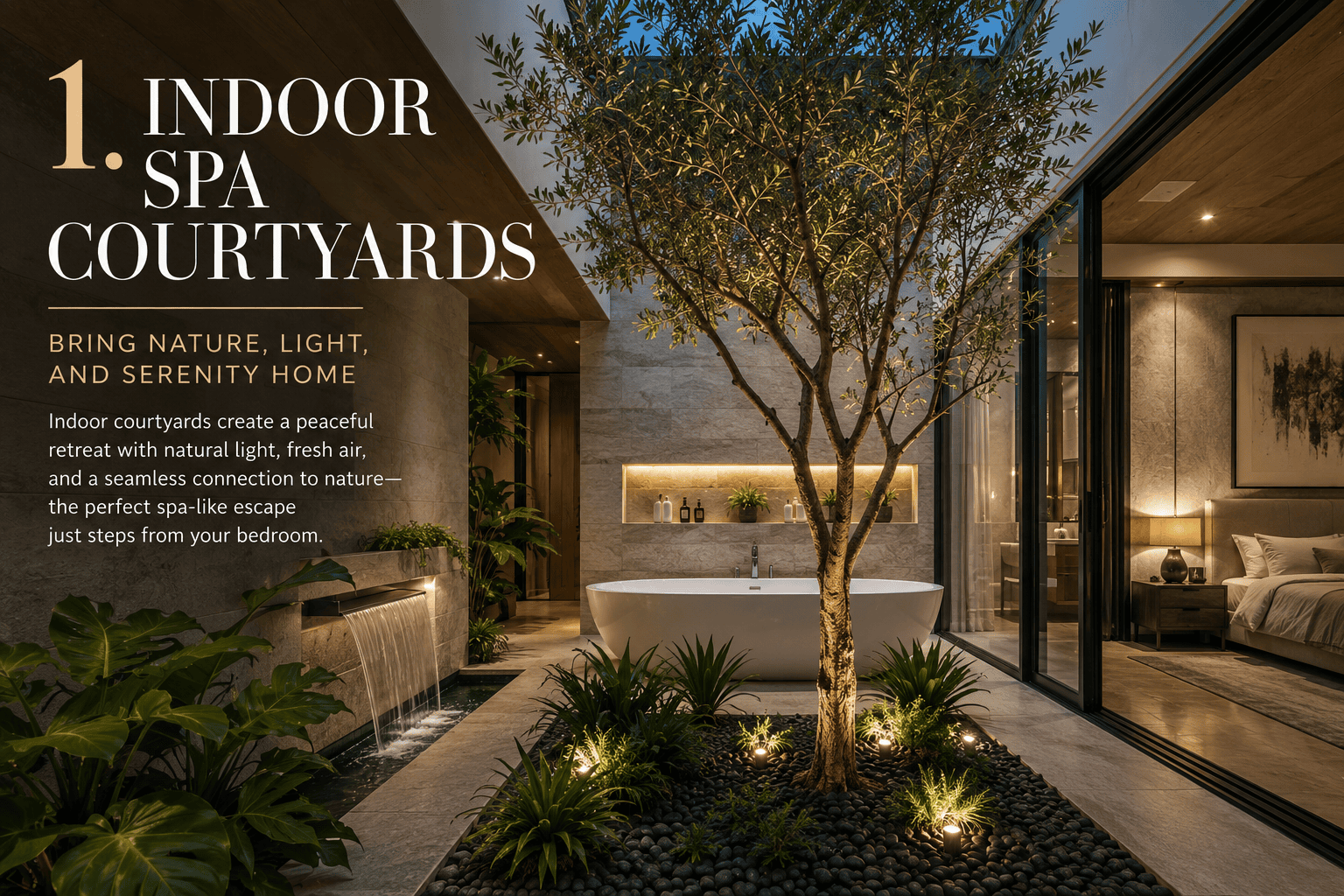 Luxury indoor spa courtyard with natural stone, greenery, and a freestanding soaking tub in a modern home.