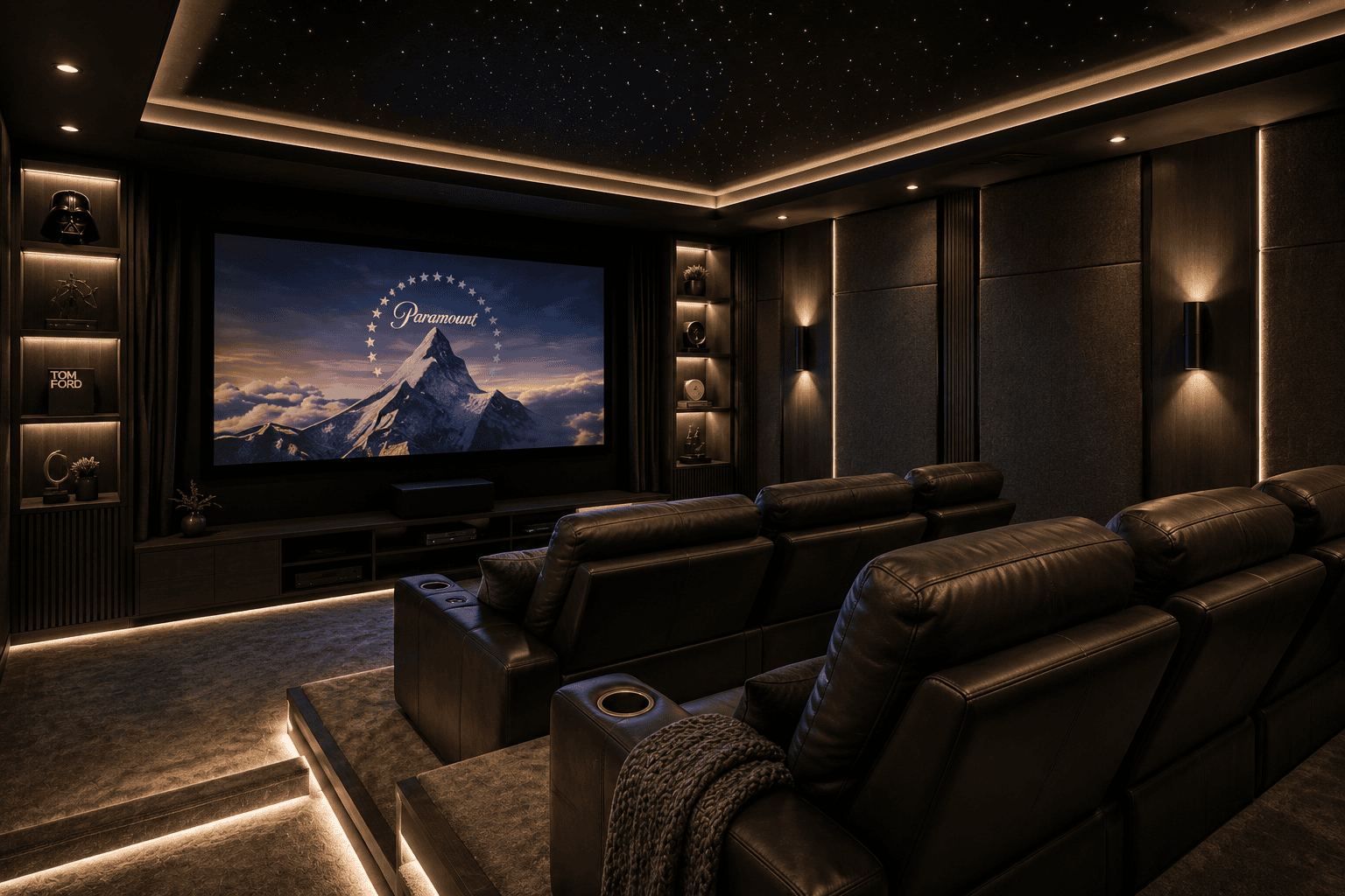 Luxury home theater with reclining leather seating, large projection screen, acoustic wall panels, star ceiling, and ambient LED lighting