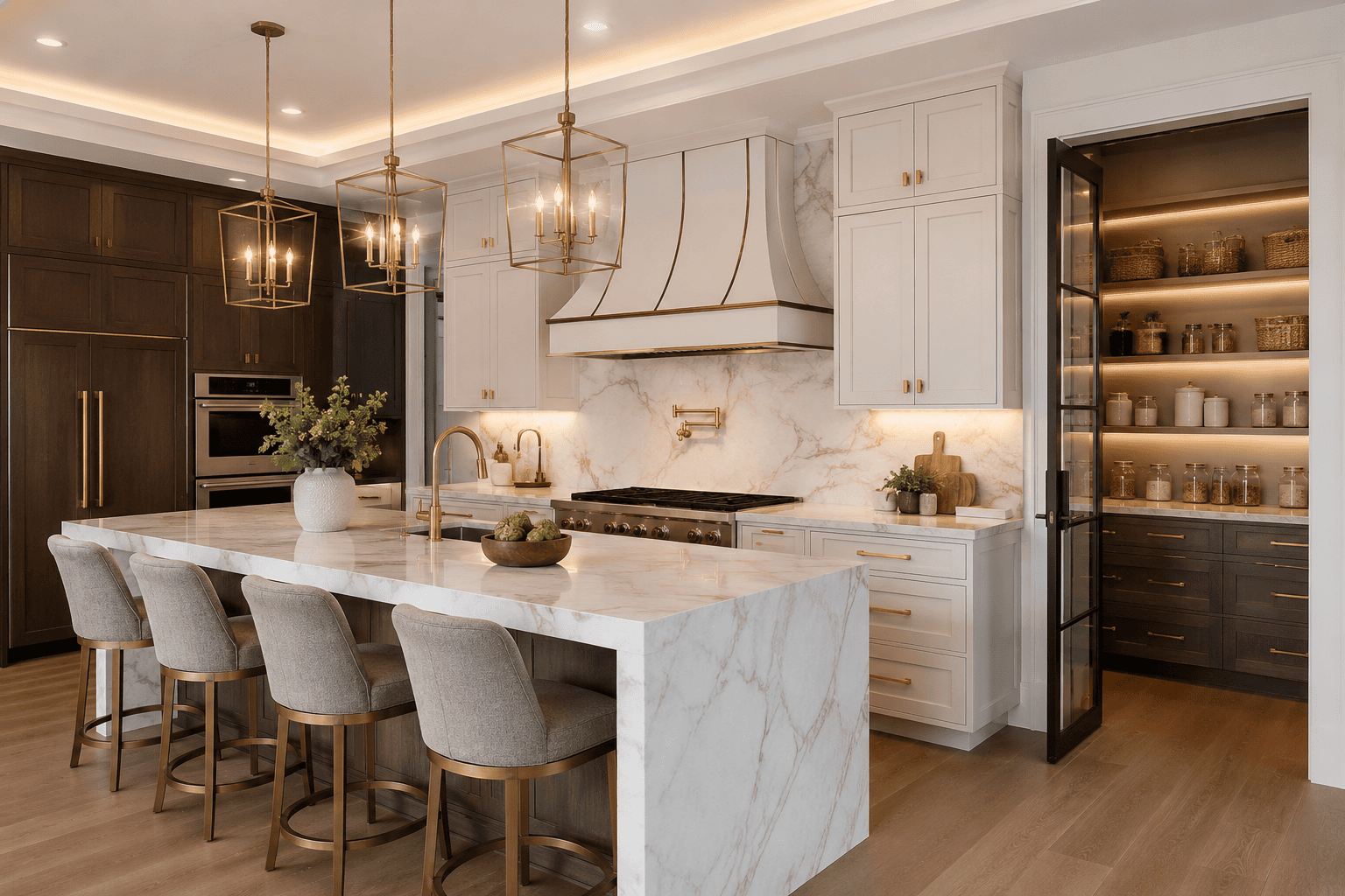 Luxury kitchen features with hidden walk-in pantry, marble waterfall island, custom cabinetry, and designer lighting.