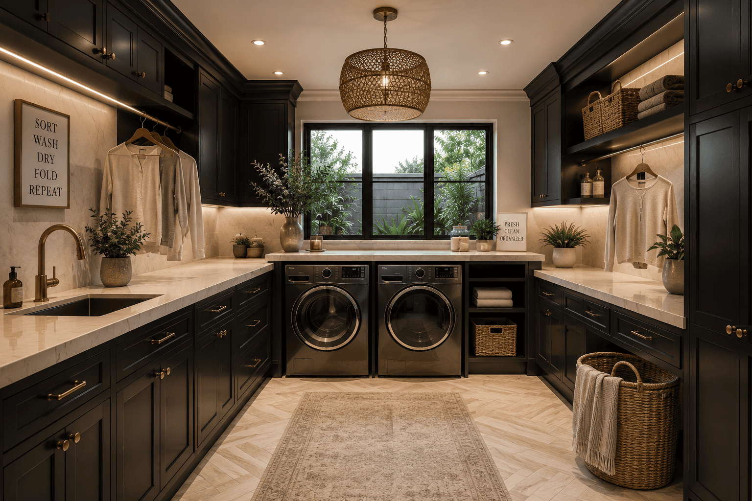 Luxury laundry room with custom black cabinetry, quartz countertops, brass hardware, built-in storage, and front-loading washer and dryer
