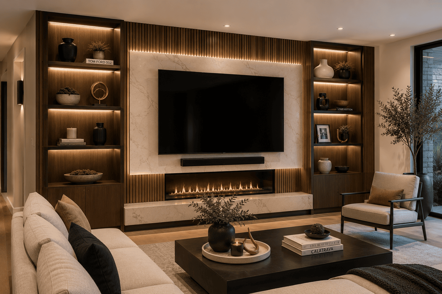 Luxury media wall with a built-in electric fireplace, floating television, custom wood slat panels, illuminated shelving, and marble surround
