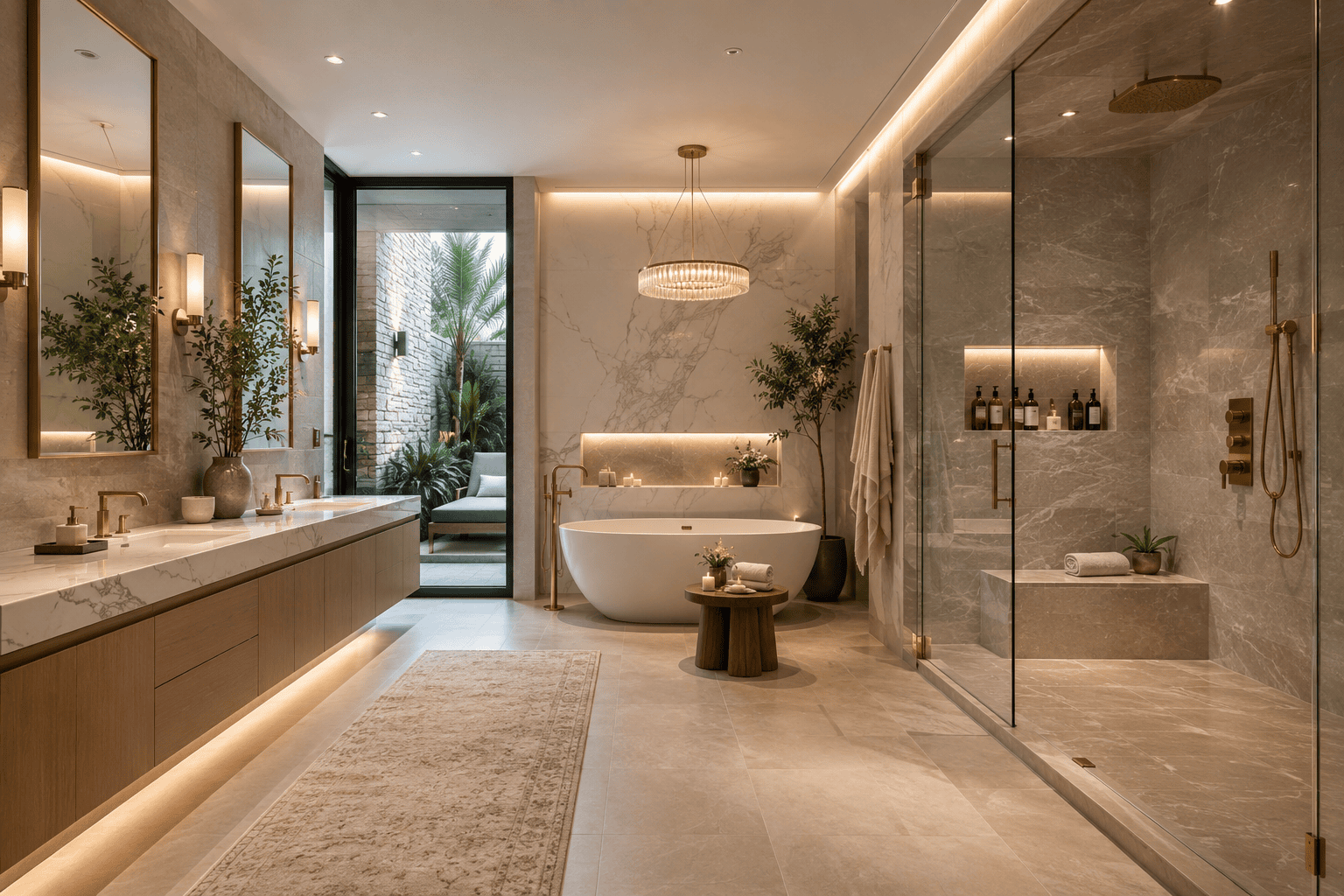 Luxury spa bathroom with freestanding soaking tub, walk-in shower, marble tile, and modern vanity