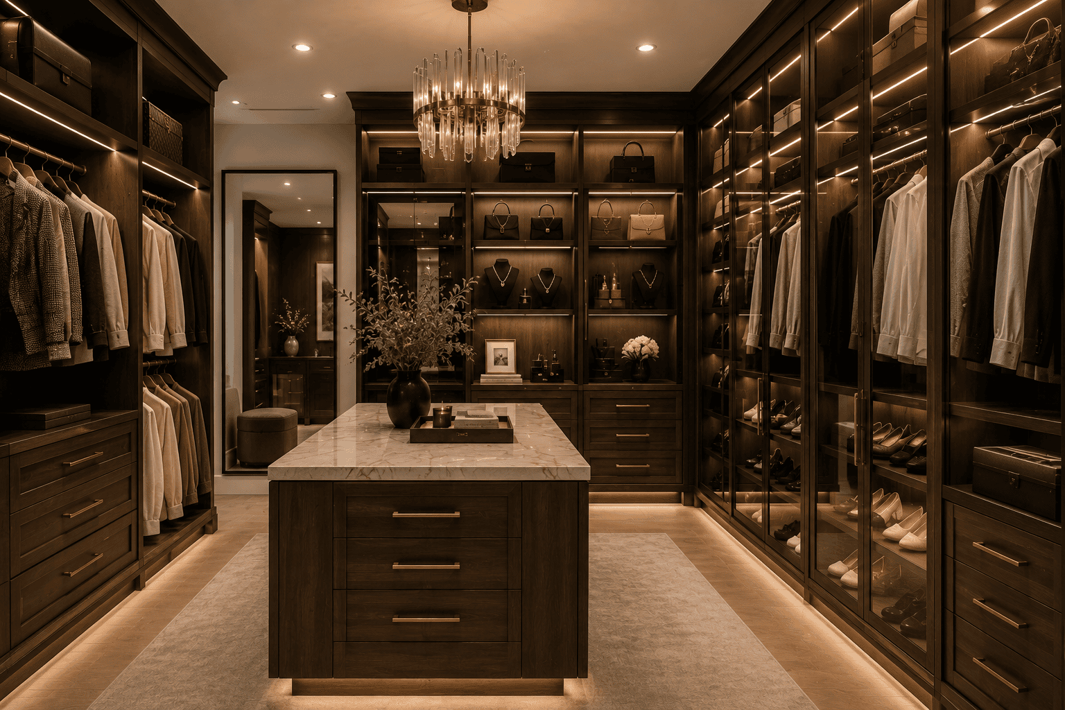 Luxury walk-in closet with custom dark wood cabinetry, marble island, glass display cabinets, LED lighting, and designer storage