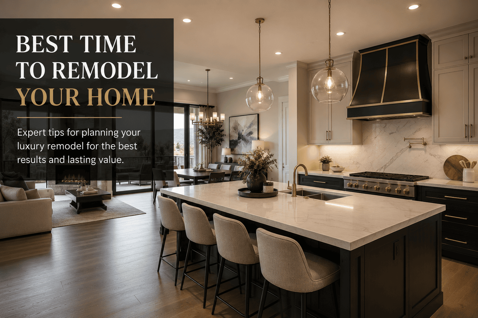 Luxury kitchen remodel in Las Vegas showing the best time to remodel a home with custom cabinetry, quartz countertops, and modern lighting.