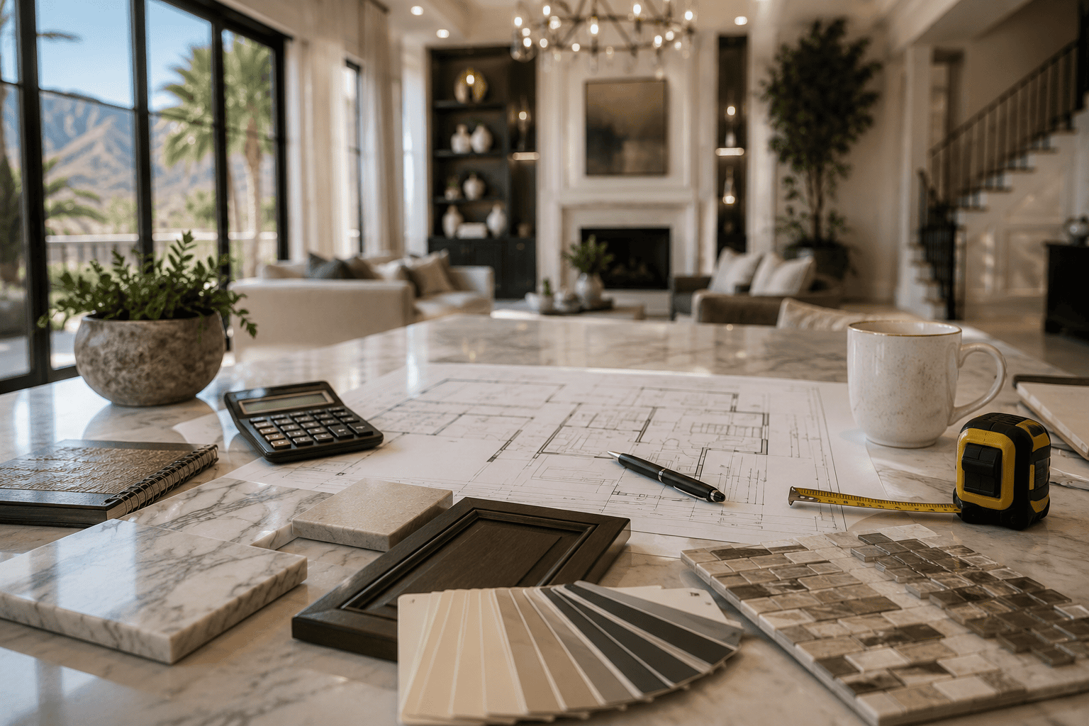 Luxury home remodeling plans with floor plans, cabinet samples, stone selections, and design materials for planning the best time to remodel a home in Las Vegas.