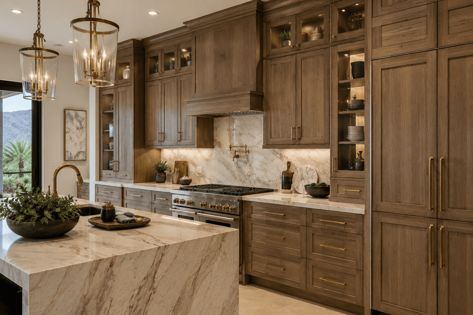 Custom cabinetry for a luxury Las Vegas kitchen remodel with natural wood cabinets and stone countertops