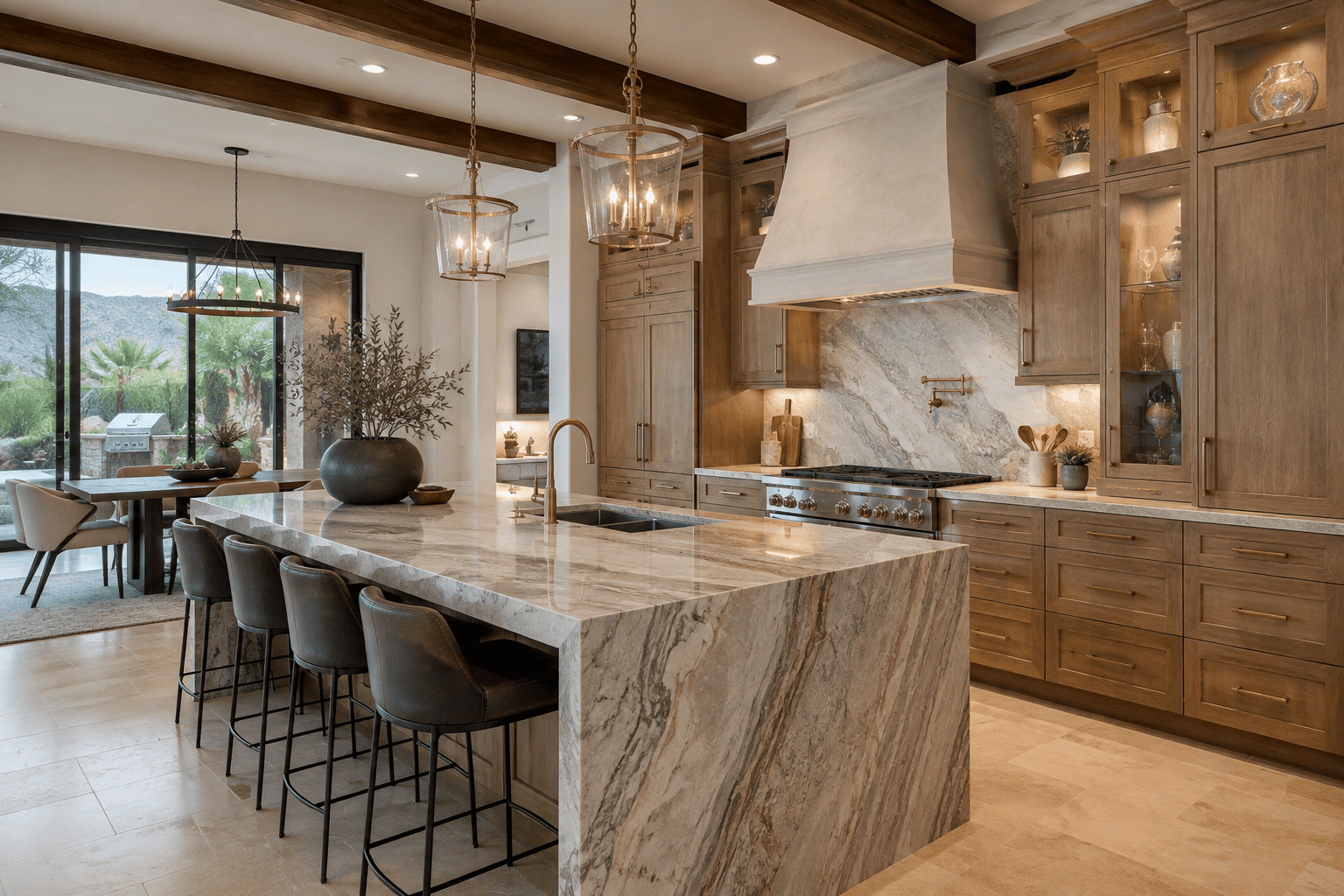 Las Vegas kitchen remodel with custom wood cabinetry, stone waterfall island and luxury finishes