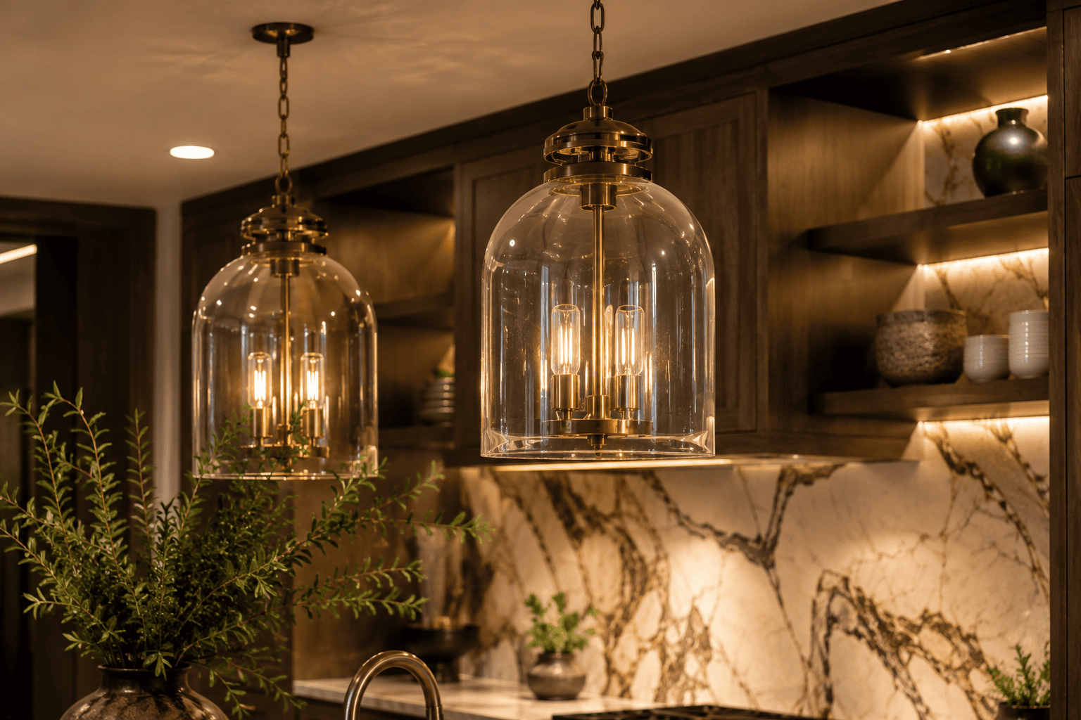 Luxury kitchen lighting for a Las Vegas kitchen remodel with brass pendant lights and integrated cabinet lighting